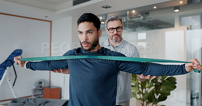 Buy stock photo Physiotherapy, resistance band and support with man and athlete in clinic for rehabilitation, consulting or stretching. Healthcare, medical and muscle with people for healing, advice or recovery