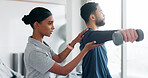 Care, man and woman in physiotherapy with dumbbell for fitness, muscle workout or exercise. Rehabilitation, physiotherapist and patient in office together for help, support and mobility training