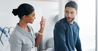 Buy stock photo Okay,  physiotherapy and healthcare with people in clinic for consulting, muscle recovery and treatment success. Support, medical and thank you with woman and man for performance coach and approval