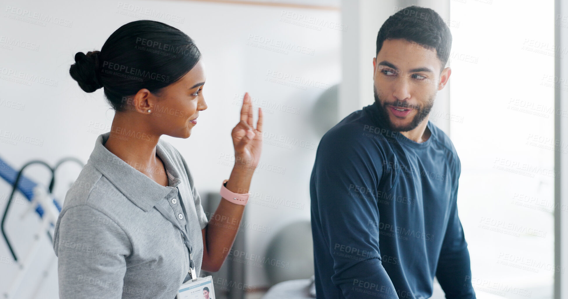 Buy stock photo Okay,  physiotherapy and healthcare with people in clinic for consulting, muscle recovery and treatment success. Support, medical and thank you with woman and man for performance coach and approval
