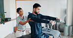 Help, man and woman in physiotherapy with weights for fitness, muscle workout or exercise. Rehabilitation, physiotherapist and patient in office together for support, dumbbell and mobility training