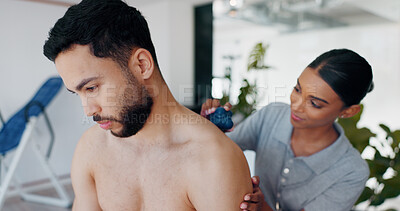 Buy stock photo Massage ball, physiotherapy and consulting with people in clinic for deep tissue pressure, tension and healthcare. Medical, rehabilitation and muscle with woman and man for support, help and healing