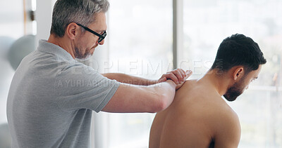 Buy stock photo Massage, physiotherapy and muscle with people in clinic for deep tissue pressure, back tension and healthcare. Medical, rehabilitation and consulting with man and patient for support, help or healing