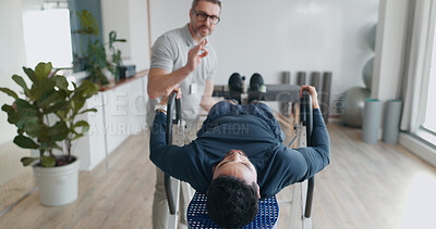 Buy stock photo Physiotherapist, person and help on fitness bench for exercise, recovery or progress at clinic. People, biokinetics and support with guide for rehabilitation process with injury treatment at hospital