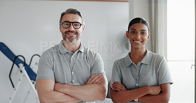 Buy stock photo Portrait, people and confidence as physiotherapist in gym, rehabilitation clinic or wellness practice. Woman, man and pride with arms crossed as smiling, personal trainer or coach for physio exercise