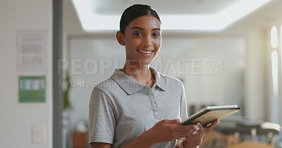 Buy stock photo Physiotherapy, tablet and happy with woman in clinic for chiropractor, schedule booking and telehealth. Rehabilitation, healthcare and website with person for patient information, update and results