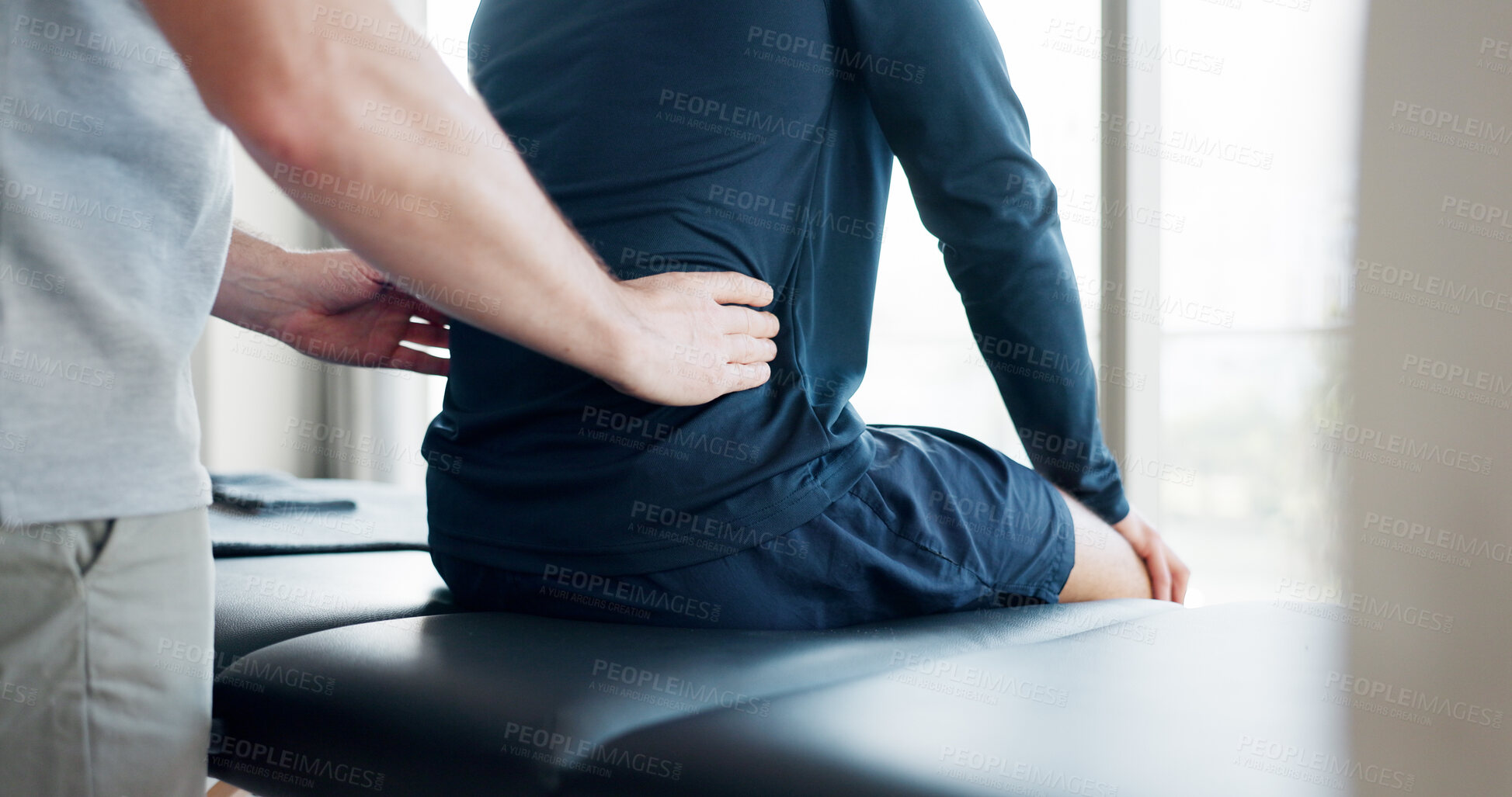 Buy stock photo Back pain, physiotherapy and consulting with people in clinic for deep tissue pressure, tension and healthcare. Medical, rehabilitation and muscle with closeup of patient for support, help or healing