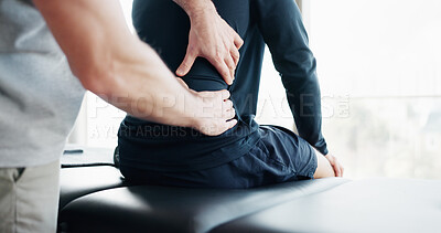 Buy stock photo Back pain, physiotherapy and hands with people in clinic for deep tissue pressure, tension and healthcare. Medical, rehabilitation and muscle with closeup of patient for support, help or healing