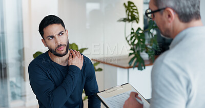 Buy stock photo Physiotherapy, clipboard and shoulder pain with man and athlete in clinic for rehabilitation, healthcare or consulting. Symptoms, medical and chiropractor with people for healing, advice or report