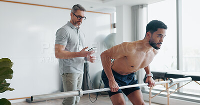 Buy stock photo Physiotherapy, weightlifting and monitor with man in clinic for biofeedback, muscle results and track progress. Rehabilitation, healthcare and training with people for chiropractor, help and fitness