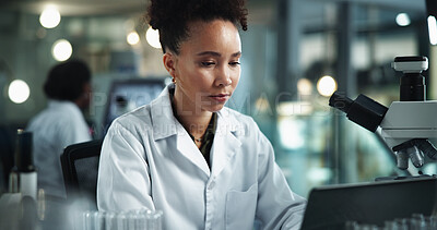 Buy stock photo Woman, laptop and scientist in lab for test results, research and study on genetic analysis. Female person, biology investigation and internet for experiment update, check science and night for plan