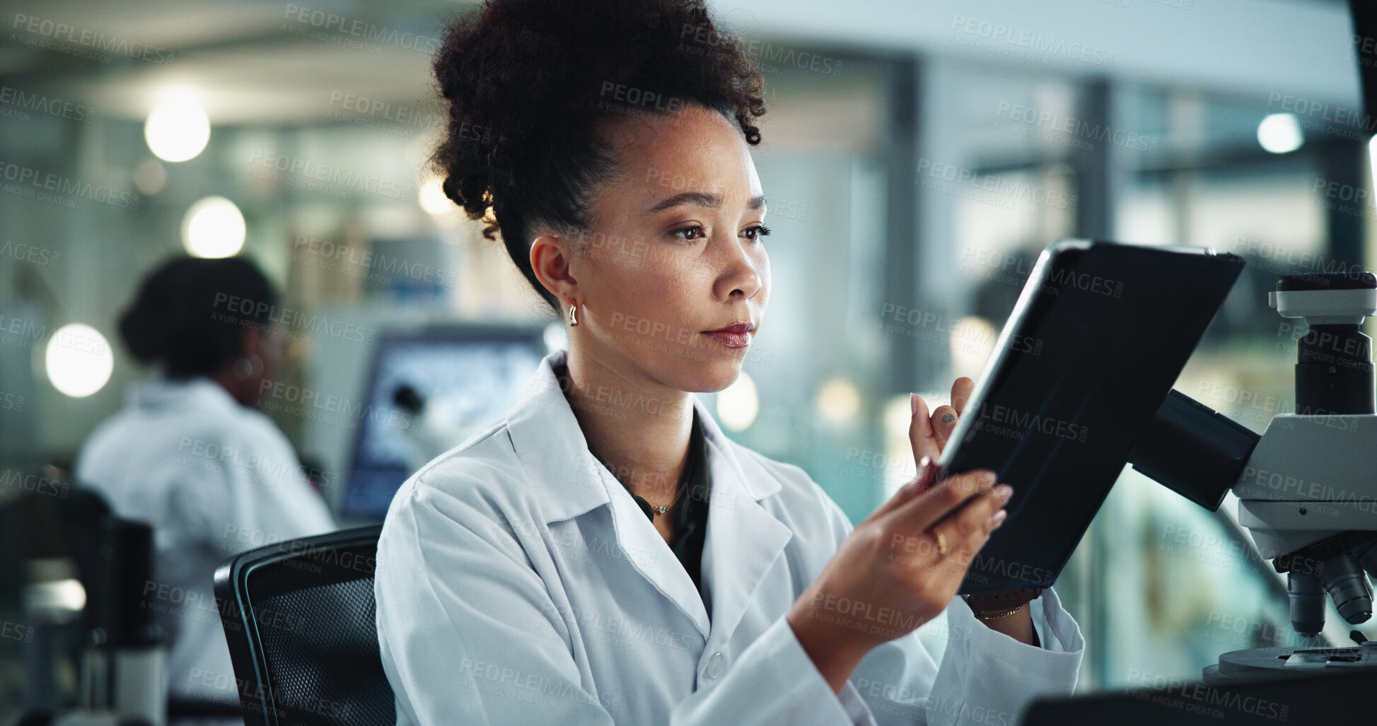 Buy stock photo Woman, tablet and scientist in lab for typing notes, research and study on genetic analysis. Female person, biology investigation and internet for experiment update, check science and night for plan