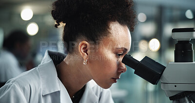 Buy stock photo Woman, microscope and scientist in research lab for experiment, test analysis or biotechnology investigation. Equipment, science or microbiology for medical development, healthcare and pharma study