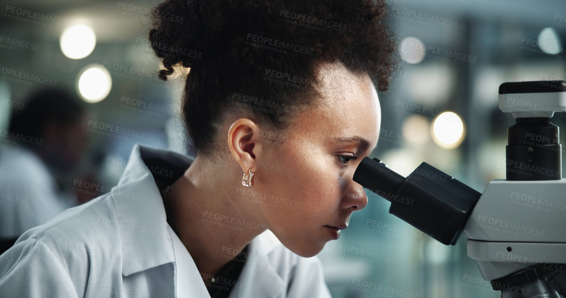 Buy stock photo Woman, microscope and scientist in research lab for experiment, test analysis or biotechnology investigation. Equipment, science or microbiology for medical development, healthcare and pharma study