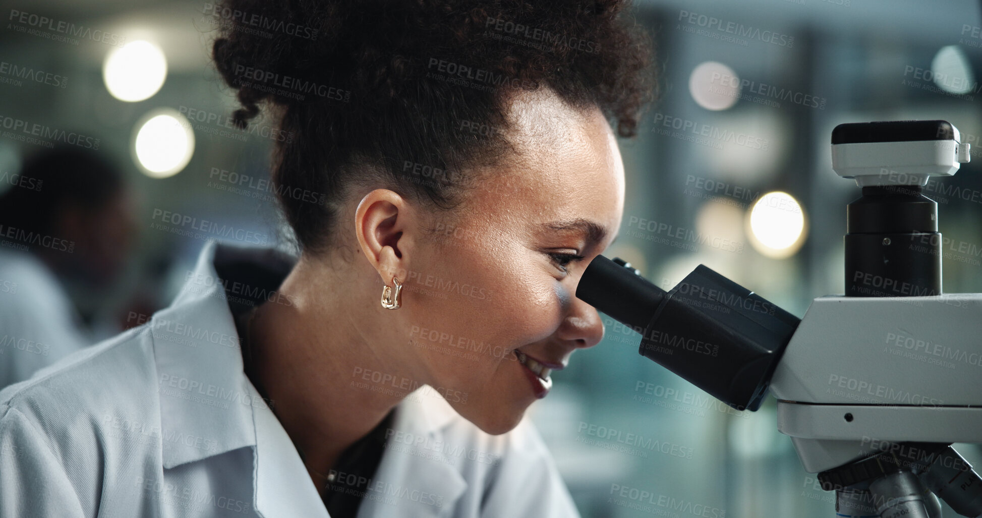 Buy stock photo Happy woman, microscope and scientist in research lab for experiment, innovation or biotechnology. Equipment, science and microbiology for medical healthcare, pharma study or mpox vaccine development