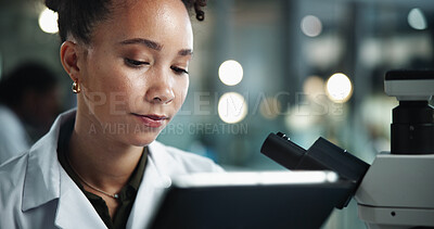 Buy stock photo Woman, tablet and scientist in lab for exam results, research and study on genetic analysis. Female person, biology investigation and internet for experiment update, check science and night for plan