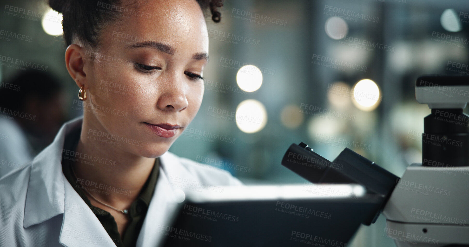 Buy stock photo Woman, tablet and scientist in lab for exam results, research and study on genetic analysis. Female person, biology investigation and internet for experiment update, check science and night for plan