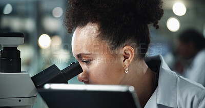 Buy stock photo Woman, microscope and scientist research with tablet for experiment, innovation or biotechnology. Equipment, science and microbiology for medical healthcare, pharma or mpox vaccine development in lab