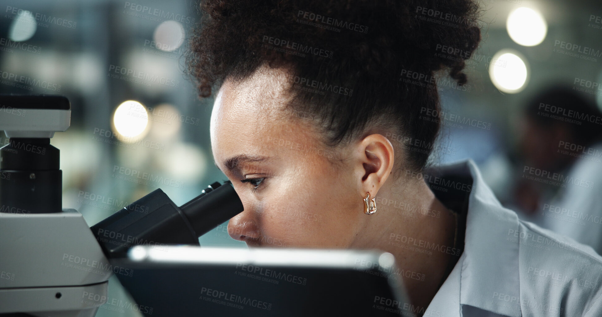 Buy stock photo Woman, microscope and scientist research with tablet for experiment, innovation or biotechnology. Equipment, science and microbiology for medical healthcare, pharma or mpox vaccine development in lab