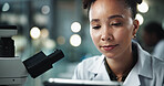 Woman, microscope and scientist research with technology for experiment, innovation or test. Tablet, science and microbiology for medical healthcare, pharma study or mpox vaccine development in lab