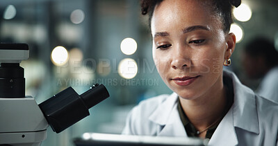 Buy stock photo Woman, microscope and scientist research with technology for experiment, innovation or test. Tablet, science and microbiology for medical healthcare, pharma study or mpox vaccine development in lab