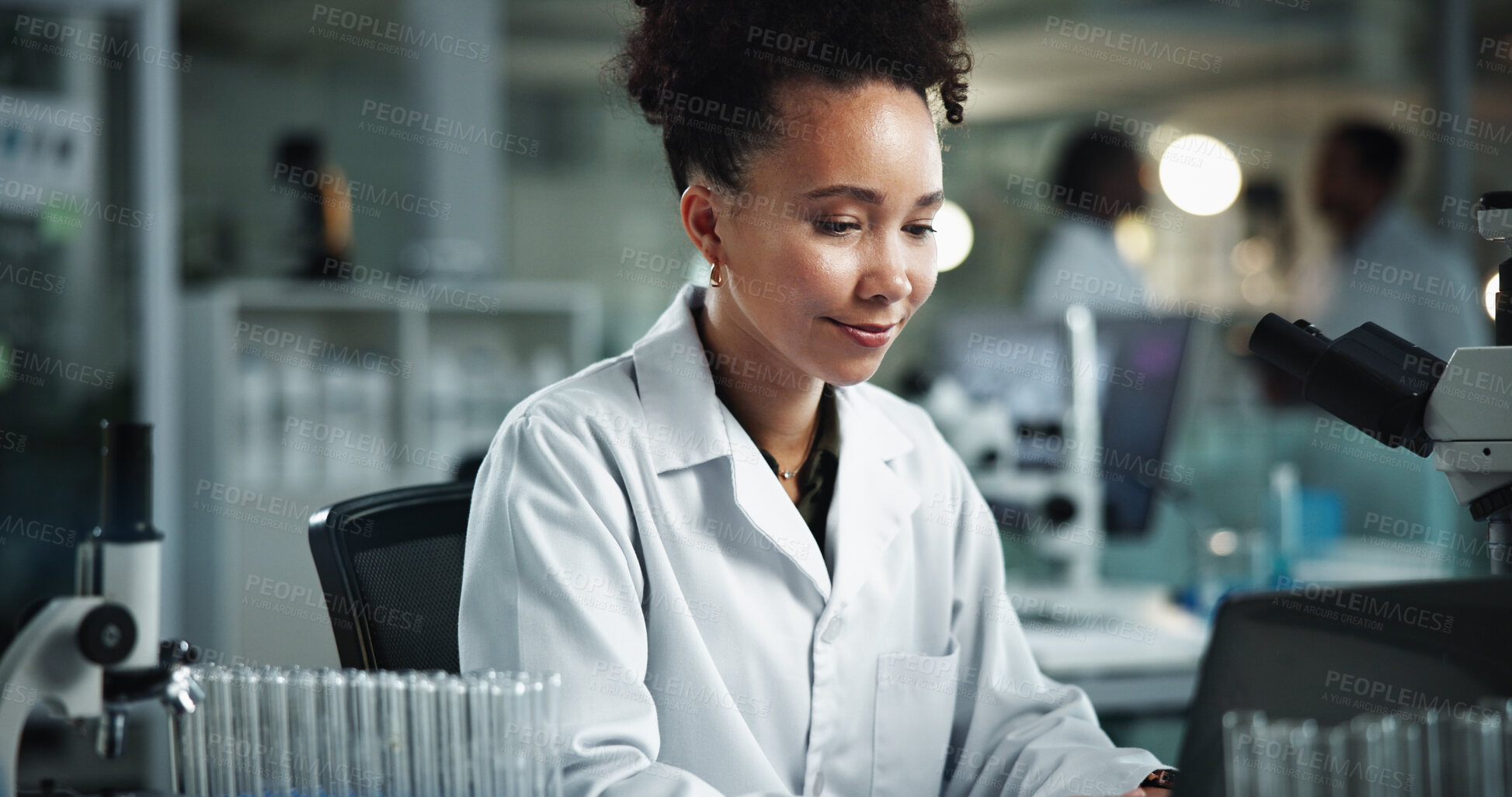 Buy stock photo Scientist, woman and laptop with chemical report for biochemistry, experiment and pathology breakthrough. Laboratory, biotechnology and test for liquid inspection, pharmaceutical development or study