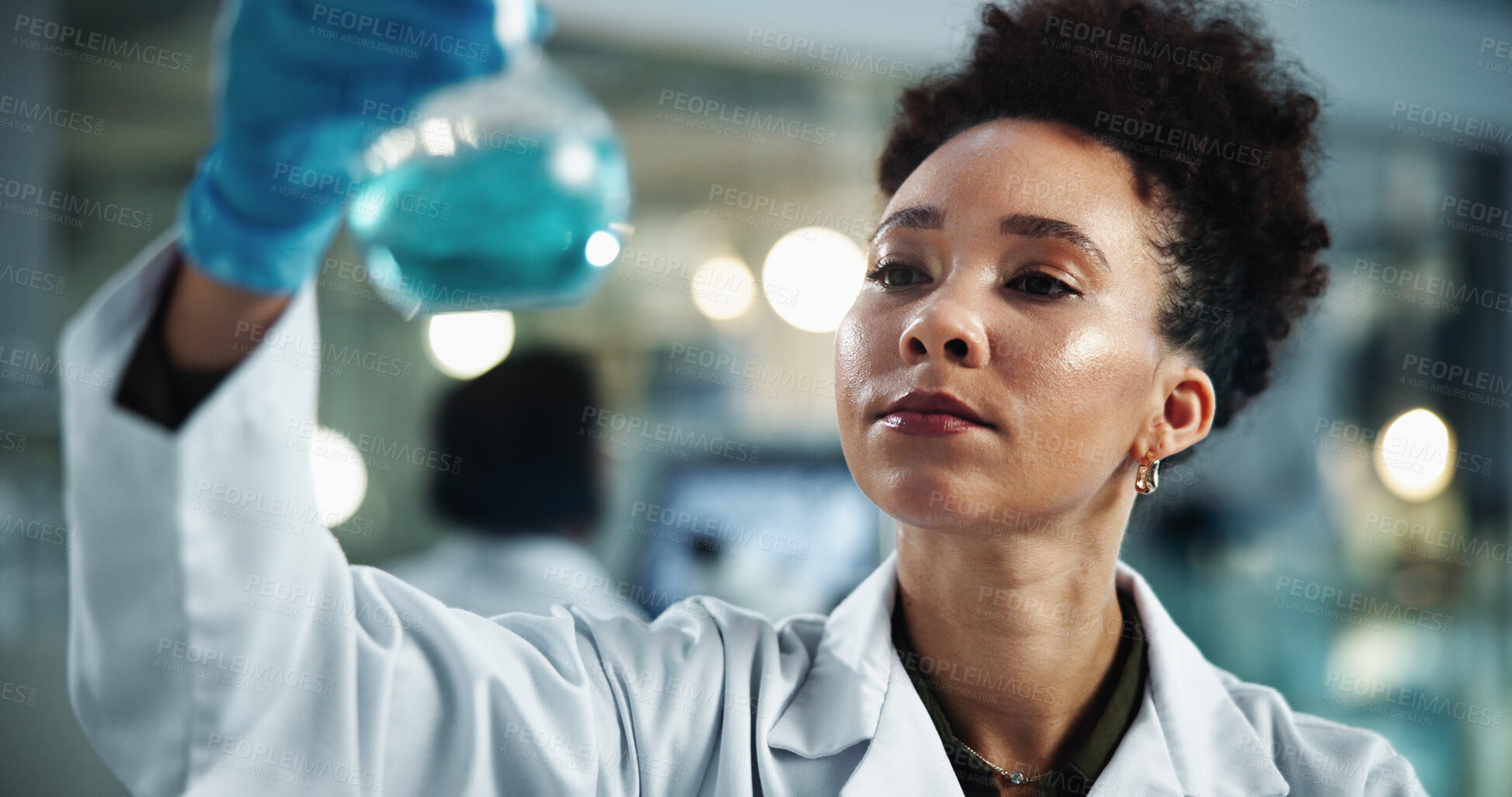 Buy stock photo Scientist, woman and beaker with chemical for biochemistry, experiment and pathology research. Laboratory, biotechnology and test for liquid inspection, pharmaceutical development and DNA study