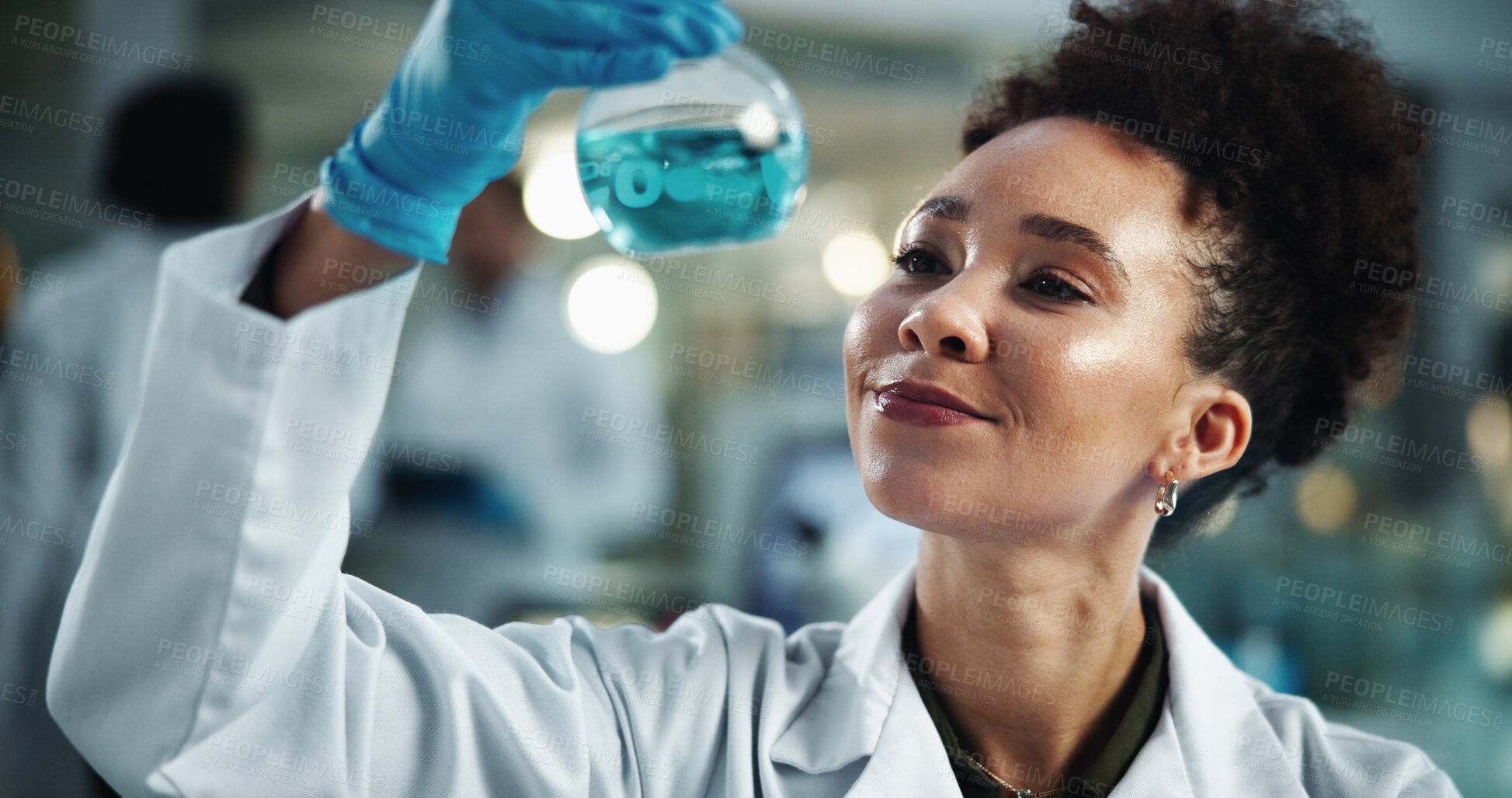 Buy stock photo Scientist, woman and smile with chemical beaker for biochemistry, experiment and pathology breakthrough. Laboratory, biotechnology and test for liquid inspection, pharmaceutical development and study