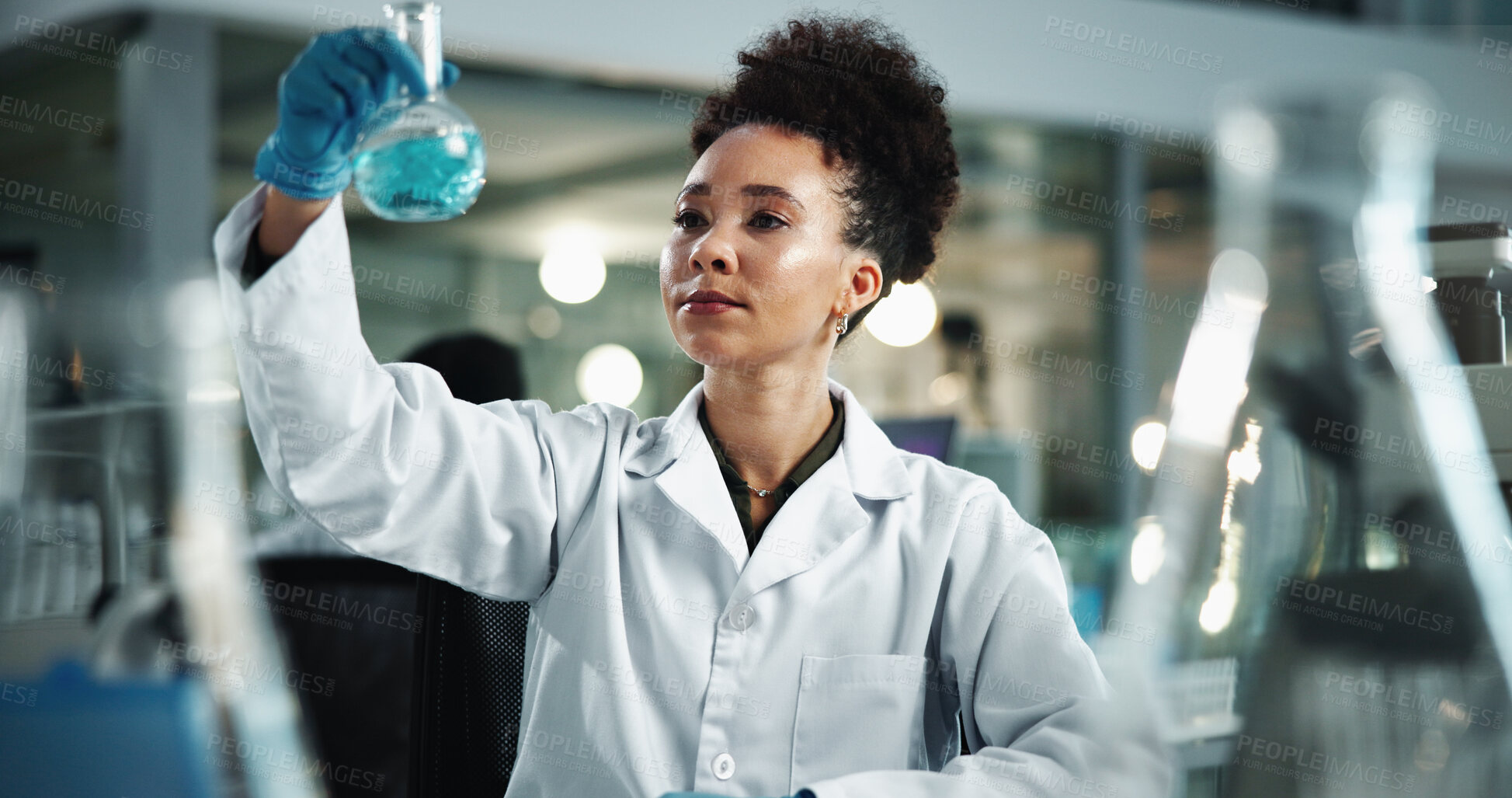 Buy stock photo Scientist, woman and beaker with chemical for biochemistry, experiment and pathology breakthrough. Sample, analysis and research for liquid inspection, pharmaceutical development and DNA study