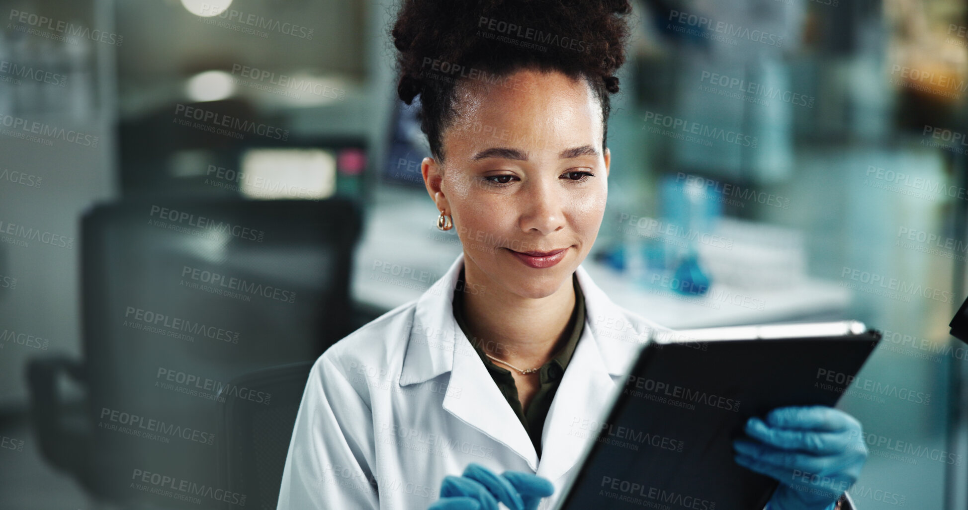Buy stock photo Woman, tablet and scientist in lab for pathology results, research and study on genetic analysis. Female person, biology investigation and internet for experiment update, science and night for plan