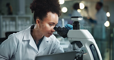 Buy stock photo Woman, microscope and scientist research for healthcare experiment, analysis or biotechnology. Equipment, science and microbiology in medical lab for medicine development or pharma study on laptop