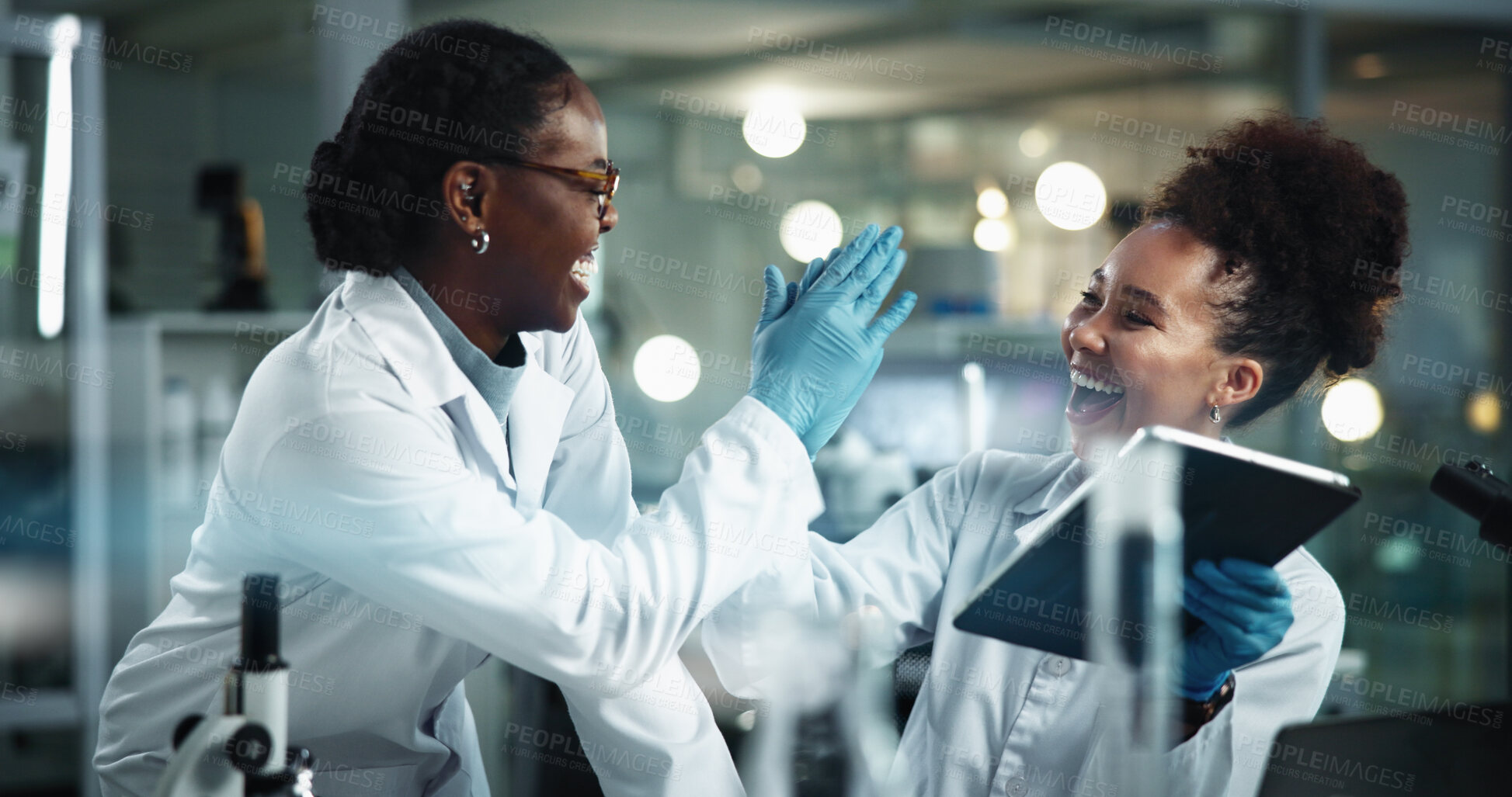 Buy stock photo Scientist, women and high five with tablet for biochemistry, experiment and pathology breakthrough. Chemical, research and discovery for sample success, pharmaceutical development and DNA study