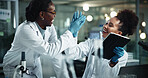 Scientist, women and high five with tablet for  experiment, celebration and pathology breakthrough. Biochemical, research and discovery for sample success, pharmaceutical development and DNA study
