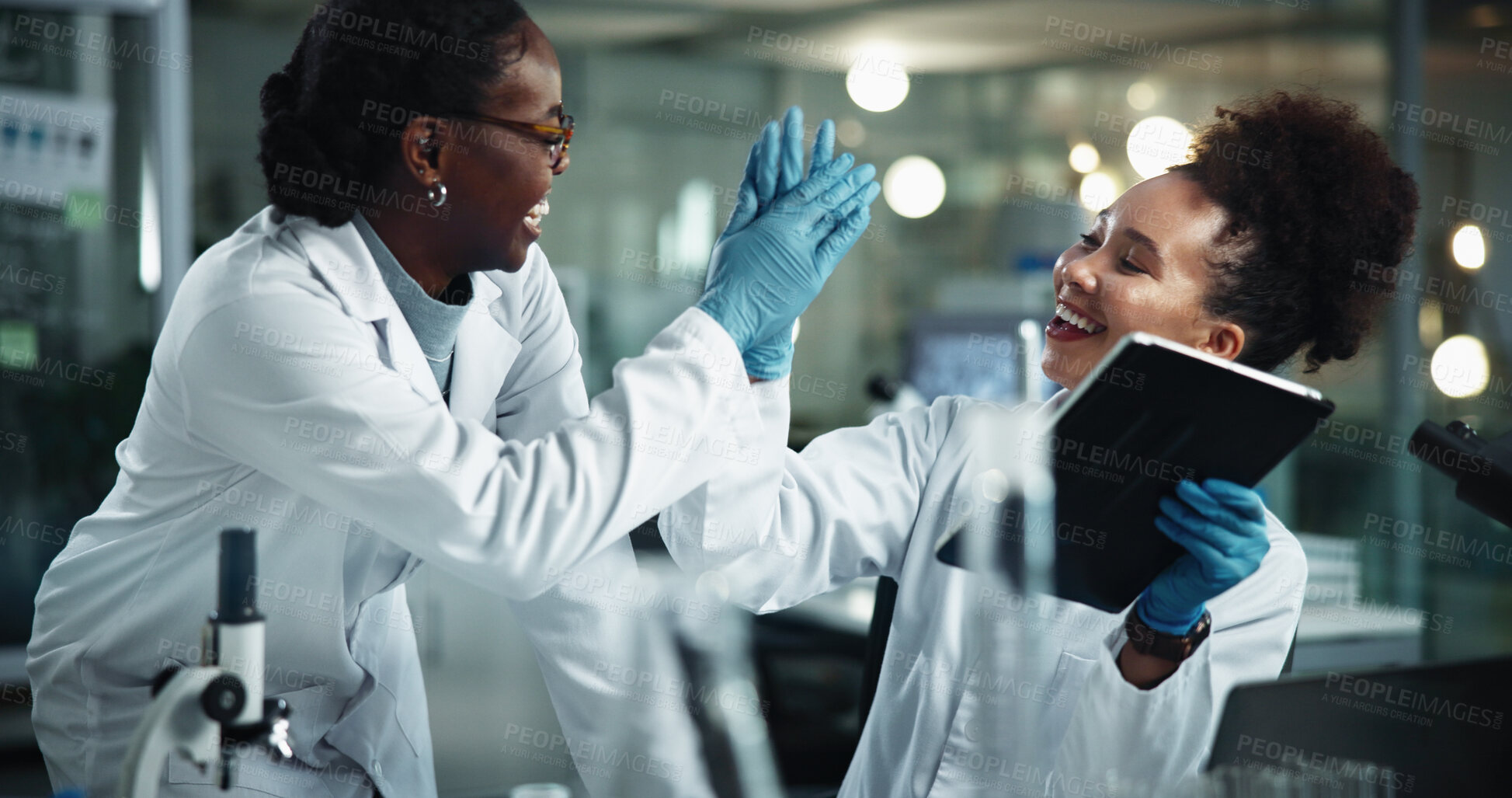 Buy stock photo Scientist, women and high five with tablet for experiment, celebration and pathology breakthrough. Biochemical, research and discovery for sample success, pharmaceutical development and DNA study