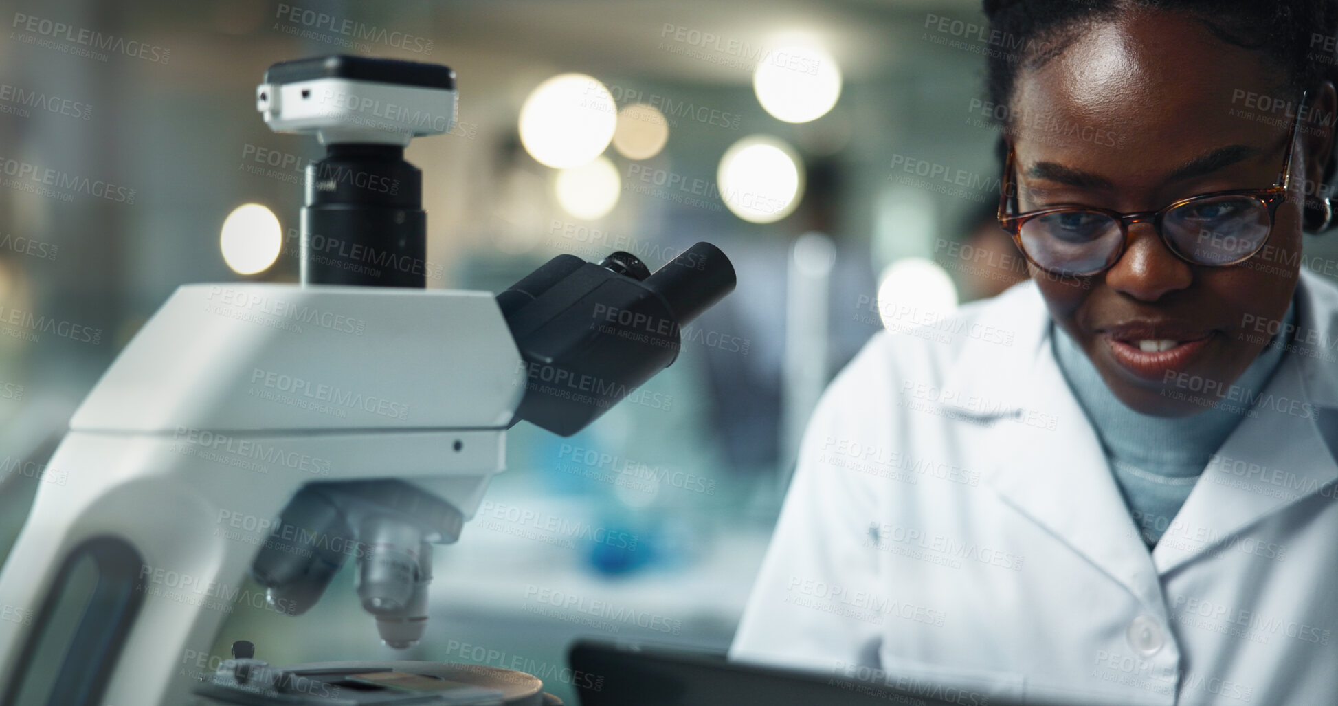 Buy stock photo Black woman, microscope and research with laptop for science experiment, test analysis or biotechnology. Computer, happy scientist and microbiology for medical development, healthcare and pharma lab