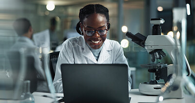 Buy stock photo Black woman, writing notes and scientist with laptop to document test results, research and study. Female person, chemistry investigation and science app for analysis, check info and night for plan