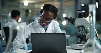 Buy stock photo Black woman, writing notes and scientist in lab to document test results, research and laptop study. Female person, chemistry investigation and book for analysis, check science and night for plan