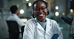 Black woman, scientist and lab portrait at night with smile, science research and medical study. Happy, professional and healthcare professional with confidence and pharma breakthrough at job