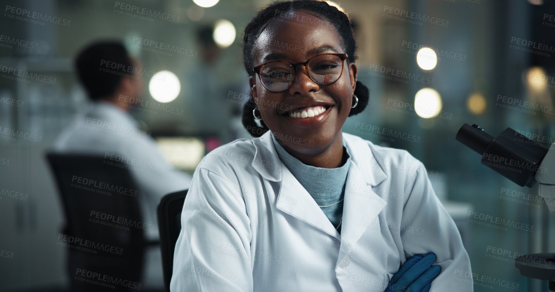 Buy stock photo Woman, scientist and lab portrait at night with smile, science research and medical study. Happy, scientific pride and healthcare professional with confidence and pharma breakthrough at job.