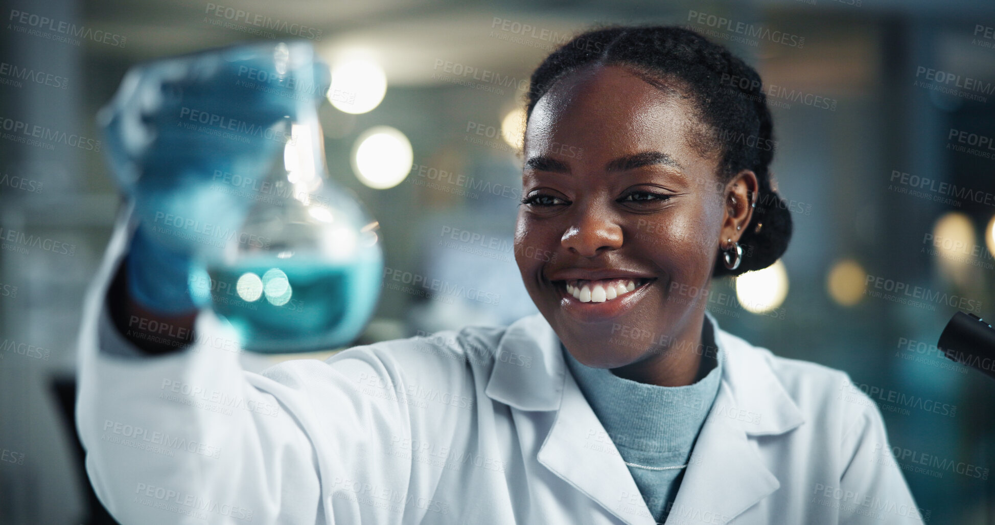 Buy stock photo Scientist, black woman and beaker with smile for biochemistry, experiment and pathology breakthrough. Chemical, analysis and liquid sample for inspection, pharmaceutical development and DNA study