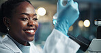 Scientist, black woman and beaker with microscope for chemistry, breakthrough and pathology research. Chemical, analysis and liquid sample for inspection, pharmaceutical development and DNA study