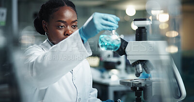 Buy stock photo Black woman, scientist and chemical for lab research and medical study with pharma investigation. Virus, biotechnology and vaccine testing for health science with working healthcare professional