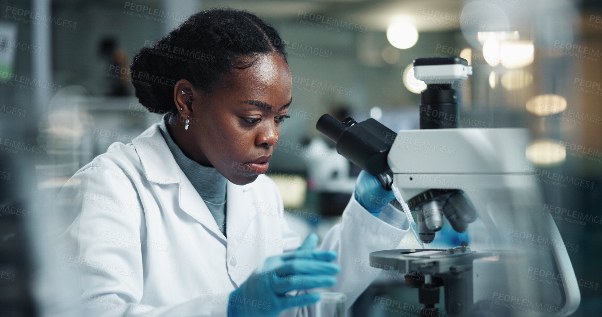 Buy stock photo Black woman, scientist and microscope for lab research and medical study with pharma investigation. Virus, biotechnology and vaccine testing for health science with working healthcare professional