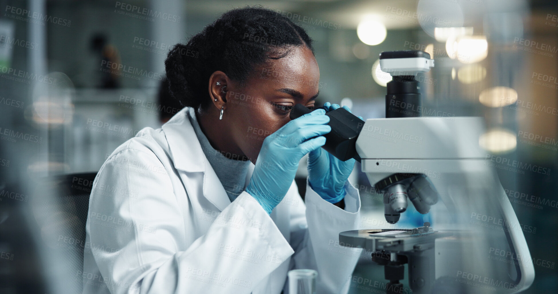 Buy stock photo Black woman, scientist and microscope for genes research and medical study with pharma investigation. Virus, biotechnology and vaccine testing for health science with working healthcare professional