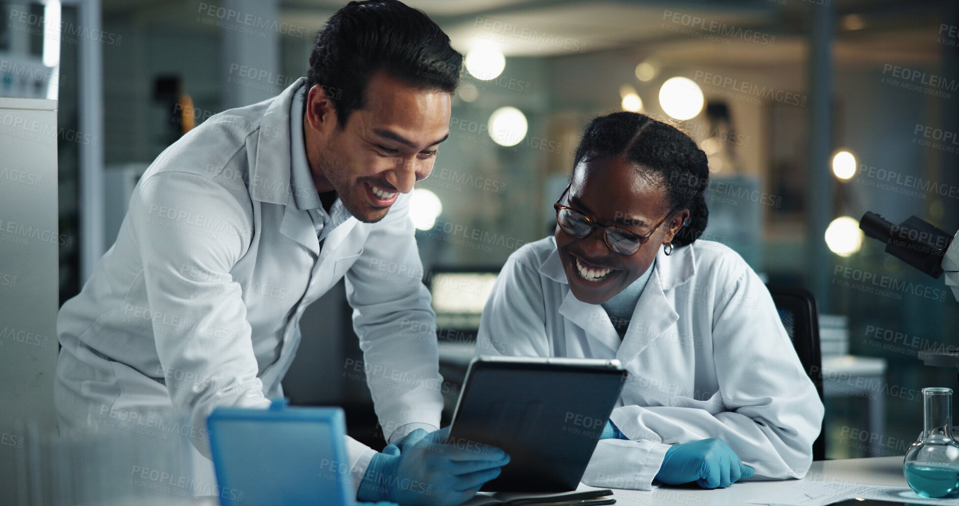 Buy stock photo People, scientist and tablet with research, laboratory and digital study for healthcare science. Happy, technology and bacteria testing for vaccine, drug trail and reading medical report in clinic