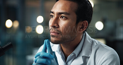 Buy stock photo Scientist, man and thinking at night in laboratory for problem solving with medical research for vaccine. Person, reflection and perspective for solution, pharmaceutical and clinical trial for drugs