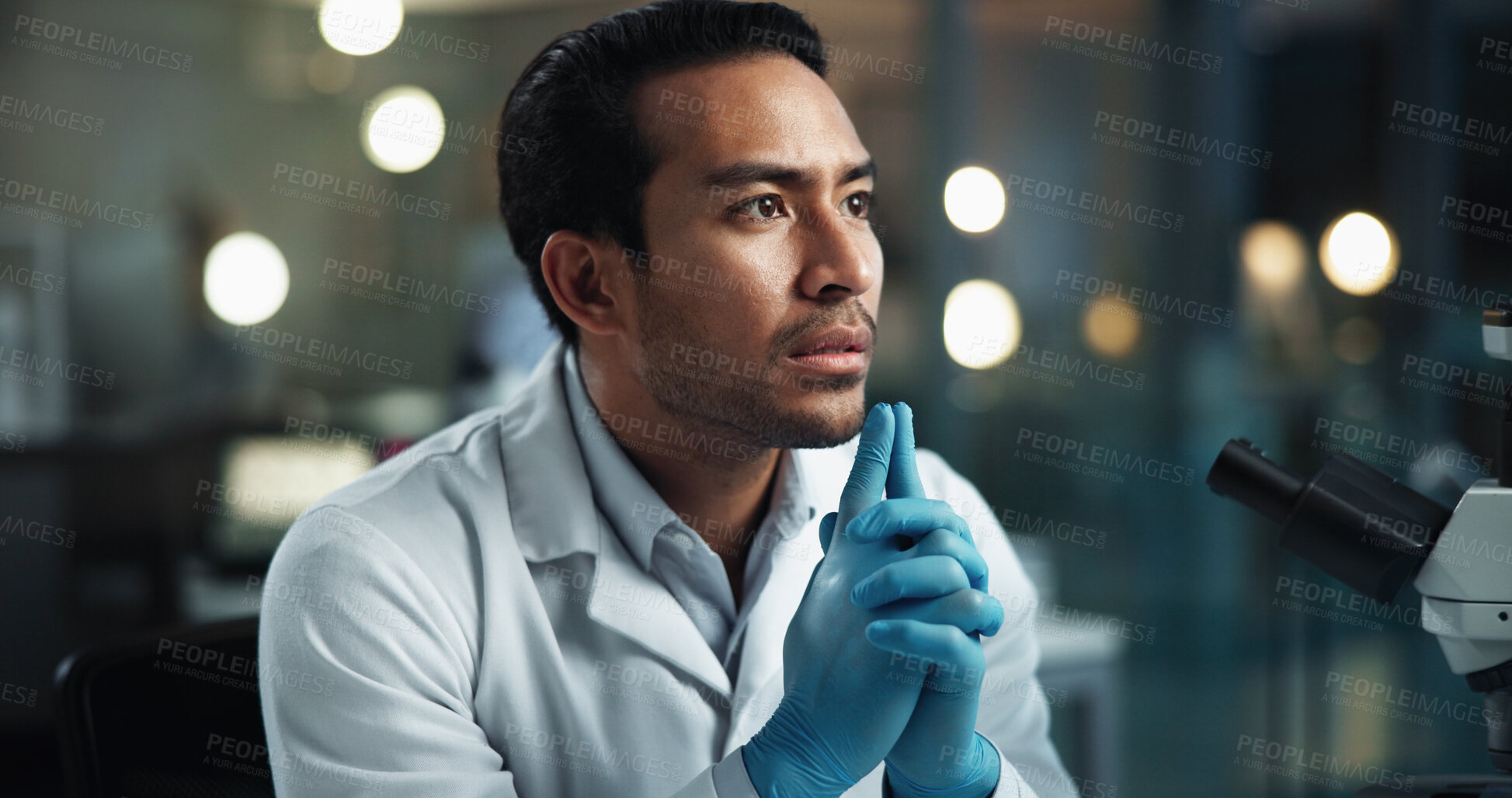 Buy stock photo Scientist, man and thinking by microscope in lab for problem solving with medical research for vaccine. Person, reflection and perspective for solution, pharmaceutical and clinical trial for drugs