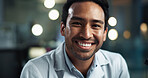 Man, scientist and portrait with happy, vaccine work and professional with confidence from research. Smile, laboratory and science opportunity with Asian male employee and pharmaceutical job