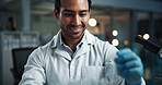 Science, man or smile in lab for research, experiment process or healthcare study at night. Scientist, happy or test in facility for pharmaceutical development, engineering deadline or investigation