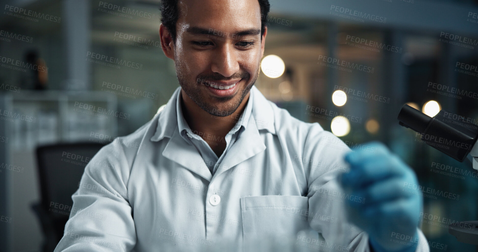Buy stock photo Science, man or smile in lab for research, experiment process or healthcare study at night. Scientist, happy or test in facility for pharmaceutical development, engineering deadline or investigation